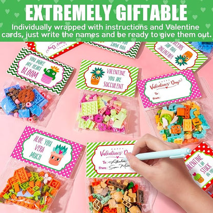24 Pack Valentines Day Gifts for Kids 6-12, Succulents Flower Bouquets Building Blocks with Gift Cards for School Classroom, Boy Girl Class Valentine Party Favors Exchange Gift Goodie Bag Stuffers
