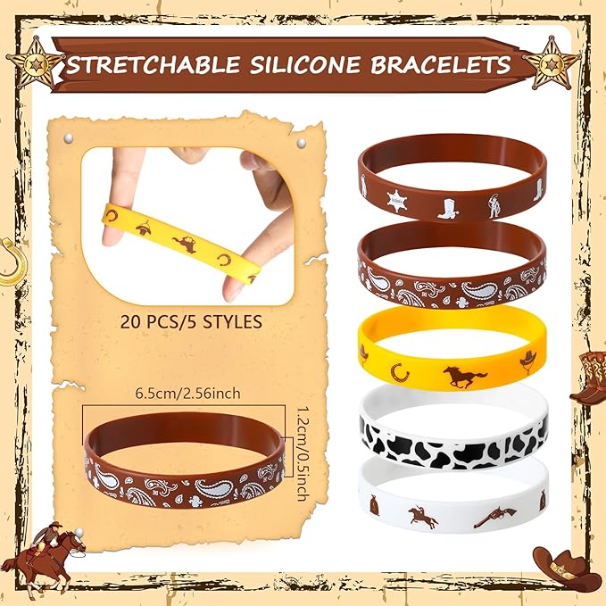 Nosiny 90 Pieces Cowboy Cowgirl Party Favor Supplies, Includes Silicone Bracelets Stretch Wristbands Acrylic Keychains and Cowboy Stickers for Western Themed Birthday Baby Shower Party Favors