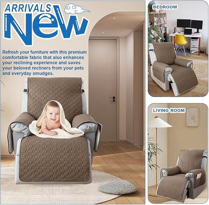 100% Waterproof Recliner Chair Covers That Stay in Place, Non Slip Recliner Cover with 5 Pockets, Elastic Straps, Washable Reclining Chair Protector for Kids, Pets, Dogs, Khaki
