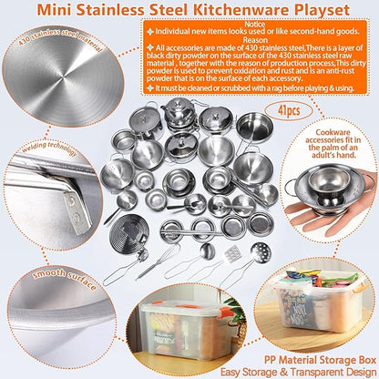 Mini Size Kids Kitchen Pretend Play Toys Accessories with Stainless Steel Cookware Pots and Pans Set,Classic Kitchen Accessories Cooking Utensils Set Tiny Role Play Cooking Play Toy for Kids Toddlers