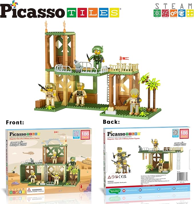 PicassoTiles Magnet Tile Building Brick Blocks Military Combat Force Theme Magnetic Tiles Construction Block Playset 4 Character Action Figures with Weapons Interlocking Bricks STEM Toy Ages 3+ PTL18