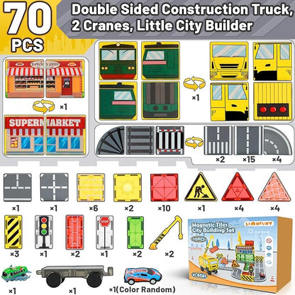 Magnetic Tiles Magnetic Building Blocks, Building Toys for Kids Ages 3-5 4-8 8-12 Toddlers STEM Preschool Toys Boys Toys, City Construction Toys Set with 2 Cranes Train Tracks Road Car