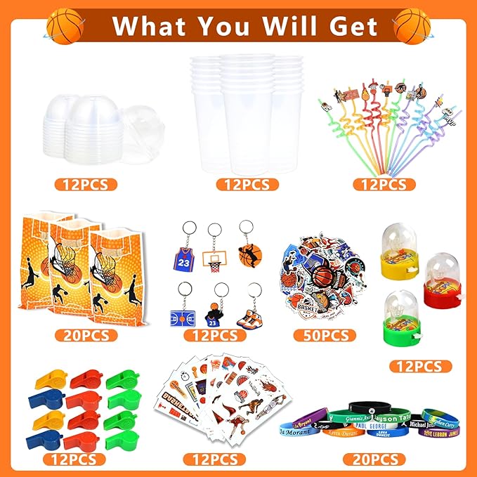166PCS Basketball Party Favors with Cups Straw Tattoos Sticker Keychain Bracelet Whistle Basketball Toys & Goodie Bags for Birthday Party Supplies, Classroom Treasure Prizes, Basketball Team Gifts