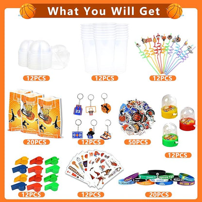166PCS Basketball Party Favors with Cups Straw Tattoos Sticker Keychain Bracelet Whistle Basketball Toys & Goodie Bags for Birthday Party Supplies, Classroom Treasure Prizes, Basketball Team Gifts