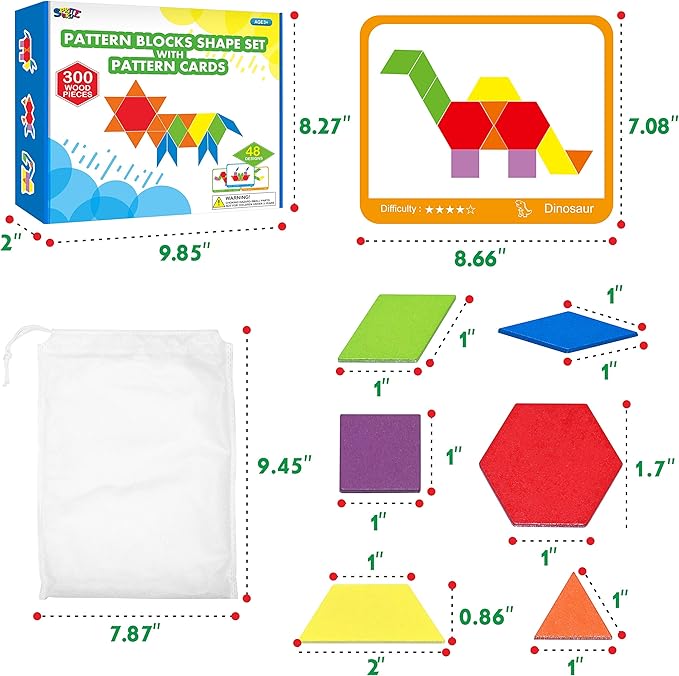 300 PCS Wooden Pattern Blocks Set for Kids with 24 Double-Sided Design Cards(48 Patterns) and Storage Bag in Gift Box,Fun Montessori Learning Toys