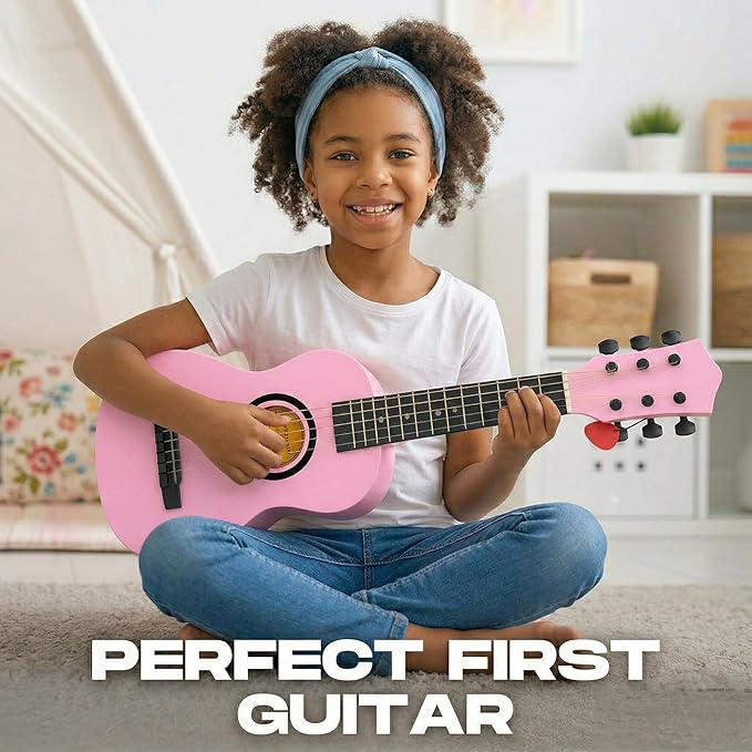 23" Acoustic Guitar, Kids 6 String Toy Guitar - Realistic Steel Strings - Beginner Practice First Musical Instrument for Children, Toddlers (Pink)