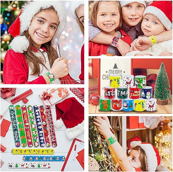JUNEBRUSHS 56 Pack Christmas Slap Bracelets Xmas Slap Bands Wristband Christmas Party Favors Snap Bracelets Bulk for Christmas Gifts Toys Stocking Stuffers