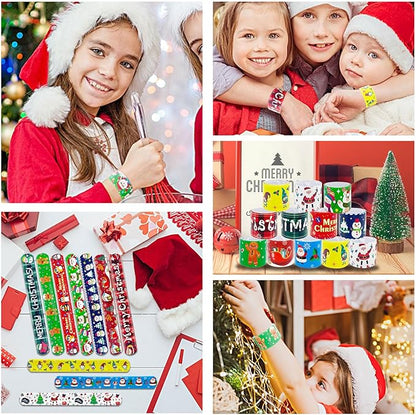 JUNEBRUSHS 56 Pack Christmas Slap Bracelets Xmas Slap Bands Wristband Christmas Party Favors Snap Bracelets Bulk for Christmas Gifts Toys Stocking Stuffers