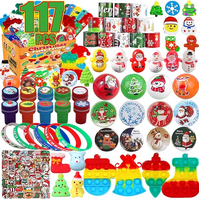 117 Pcs Christmas Party Favors for Kids, Stocking Stuffers,, Pop Fidget Treasure Box Toys, Goodie Bag Stuffers, Carnival Prizes, Prize Box Toys for Kids Classroom