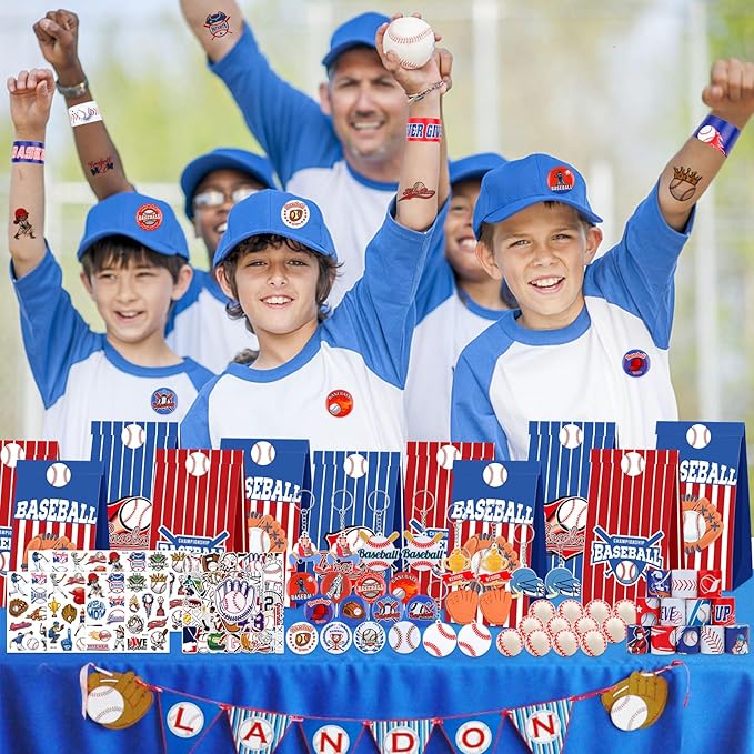 ANPHILE Baseball Party Favors, Baseball Birthday Party Supplies with Goodie Bags Slap Bracelets Stickers Mini Bouncy Balls Toy for Goodie Bag Stuffers,Classroom Prize
