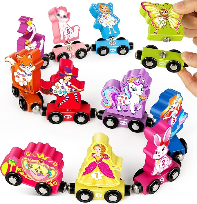 Helsort Wooden Number Train Set for Toddlers, Magnetic Unicorn Trains Toys, Numbers Matching Game for Ages3-5, Toddler Learning Toys, Fine Motor Skills Preschool Activities Birthday Gifts for Girls