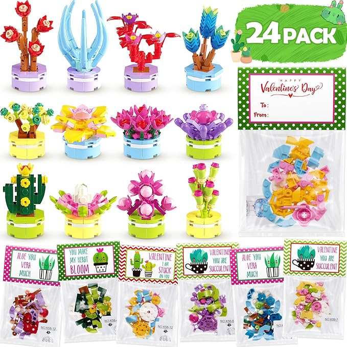 Valentines Day Gifts for Kids 8-12, 24 Pack Succulents Plants Building Blocks Kit With Gift Cards for Kids School Classroom, Class Valentines Gift Exchange, Kids Party Favors Stuffers Fillers