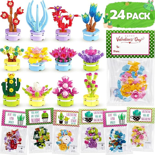 Valentines Day Gifts for Kids 8-12, 24 Pack Succulents Plants Building Blocks Kit With Gift Cards for Kids School Classroom, Class Valentines Gift Exchange, Kids Party Favors Stuffers Fillers