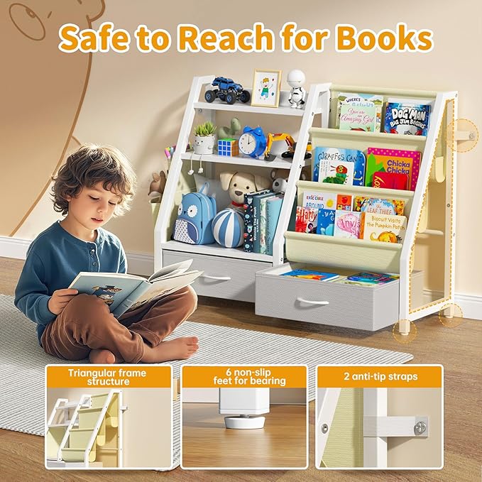 Twinkoo Kids Bookshelf and Toy Organizer, Sturdy 3 Tier Kid Bookcase, Sling Bookshelf and 2 Toy Bins, Toddler Montessori Book Shelf with Toy Storage Organizer for Children Room, Playroom, Nursery