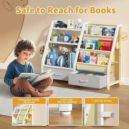 Twinkoo Kids Bookshelf and Toy Organizer, Sturdy 3 Tier Kid Bookcase, Sling Bookshelf and 2 Toy Bins, Toddler Montessori Book Shelf with Toy Storage Organizer for Children Room, Playroom, Nursery