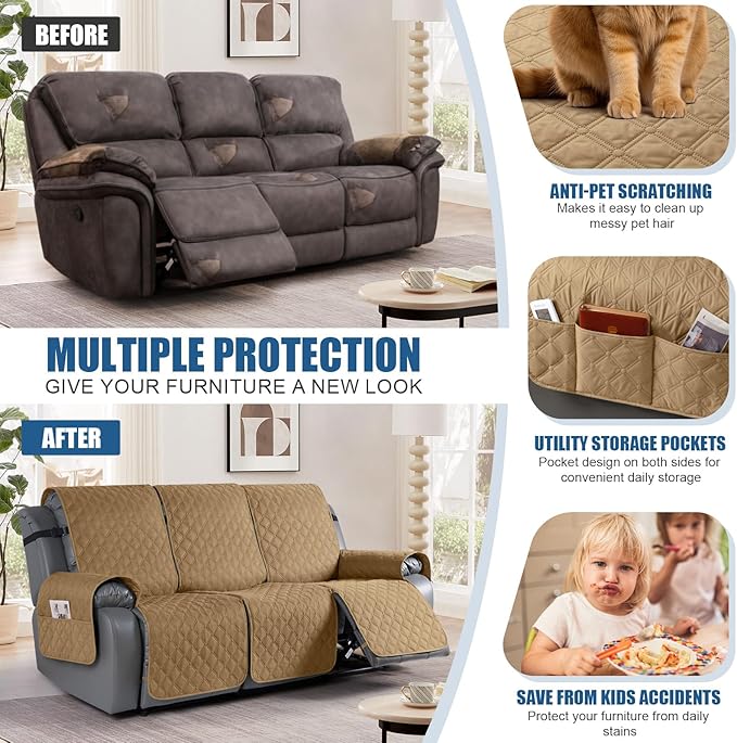 TAOCOCO 100% Waterproof Recliner Covers, Recliner Sofa Covers with Leg Straps, Reversible Recliner Couch Cover for Reclining Chair, Washable Couch Protector for Pets Kids(3 Seater, Camel)