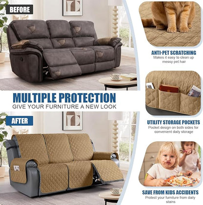 TAOCOCO 100% Waterproof Recliner Covers, Recliner Sofa Covers with Leg Straps, Reversible Recliner Couch Cover for Reclining Chair, Washable Couch Protector for Pets Kids(3 Seater, Camel)