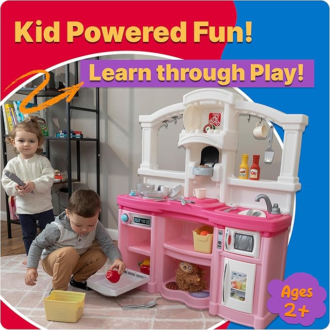 Step2 Fun with Friends Kids Kitchen Playset, Indoor/Outdoor Kitchenette, Interactive Play with Lights and Sounds, Durable Plastic, Includes 25 Piece Toy Accessories, Toddlers 2+ Years Old, Pink