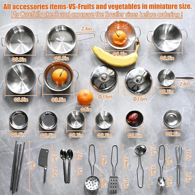 Tiny Classic Stainless Steel Kitchen Toys Cooking Utensils Set-Pretend Play Pots Pans Toy Cookware Kits for Kids Cooking Utensil Set Interactive Learning Role Play Educational Toys for Kids Mini Size