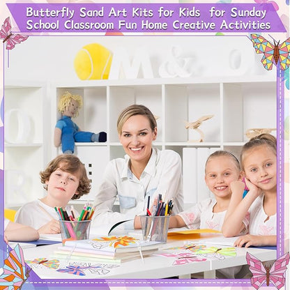 Halloscume 24 Sets Butterfly Sand Art Kits for Kids DIY Craft Sand Painting Kit with Colored Sand Brushes Spring Butterfly for Sunday School Classroom Fun Home Creative Activities