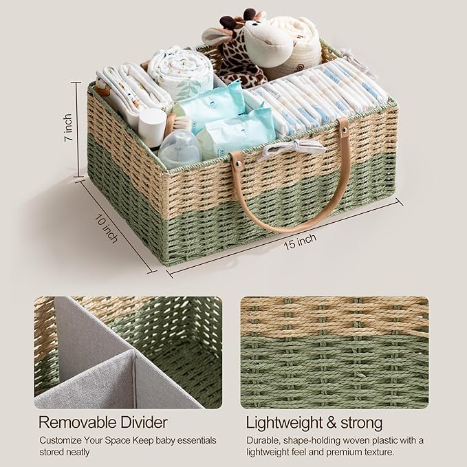 HBlife Large Baby Diaper Caddy Organizer, Paper Rope Storage Baskets Nursery Bin with Removable Divider, Portable Car Organizer for Diapers, Baby Shower Gifts, Newborn Essentials Must Haves