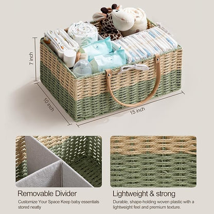 HBlife Large Baby Diaper Caddy Organizer, Paper Rope Storage Baskets Nursery Bin with Removable Divider, Portable Car Organizer for Diapers, Baby Shower Gifts, Newborn Essentials Must Haves