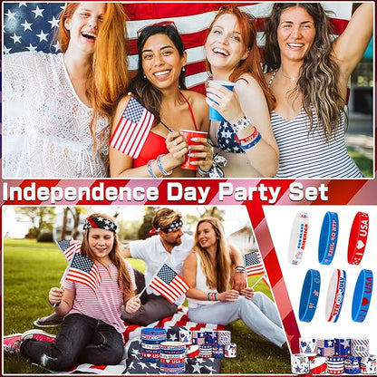 JUNEBRUSHS 4th of July Party Favors, 50 Pcs Patriotic Decorations Slap Bracelets Rubber Wristbands Assorted for Kids Gifts Silicone Bracelets Bulk Memorial Veterans Day Party Accessories