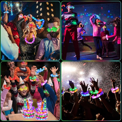 76 Pcs Glow Sticks Light Up Pop Tubes &LED Glasses Party Favors, Glow Bracelets Necklaces Camping Toys, Rave Neon Flashing Glasses for Birthday Return Gift Goodie Bag Christmas Stuffer School Prizes