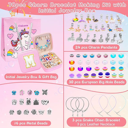 SUREHOME Charm Bracelet Making Kit Girls Christmas Gifts Unicorn Toy Jewelry Making Kit 8-12 Personalized Gifts for Ages 6 7 8 9 10 11 Year Old Girls Birthday Stuff Art Craft Supplies - Initial Box S