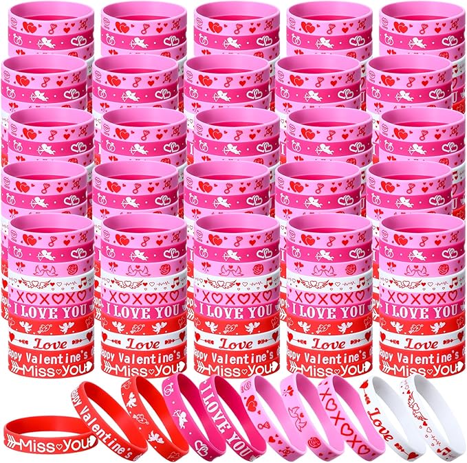 300 Pieces Valentines Day Wristbands - Silicone Bracelets - Red Pink Love Heart Accessories - Gift for Valentines Day Party Decoration Party Favors School Gifts Supplies