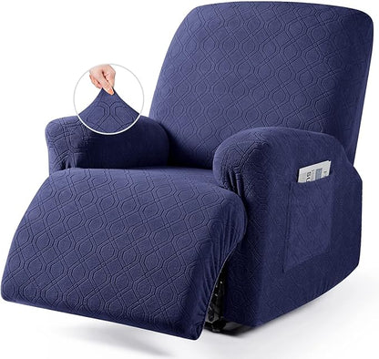 VANSOFY Oversized Recliner Chair Cover, 4-Pieces Stretch Recliner Covers for Recliner Chair Soft Reclining Chair Slipcover Jacquard Pattern Furniture Protector for Dogs Cats(Navy Blue)