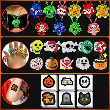 100 PCS Halloween Party Favors for Kids, Halloween Glow in the Dark Toys Rotating Spin Light Up Necklaces, LED Rings Decorations, Halloween Trick or Treats Classroom Goodie Bag Fillers Party Supplies