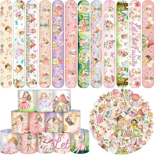 74 PCS Fairy Party Favors, 24 PCS Fairy Slap Bracelets 50 PCS Fairy Stickers Fairy Birthday Party Decorations Supplies Gifts for Fairy First Birthday Party Supplies Gifts