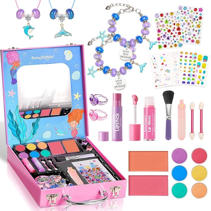 Kids Makeup Sets for Girls - Washable Real Cosmetics Set with Jewelry-Making for Children, Ocean Princess Dress-Up Makeup Bracelet Kits, Ideal Winter Birthday Gift for 4-12 Year Olds (Blue)