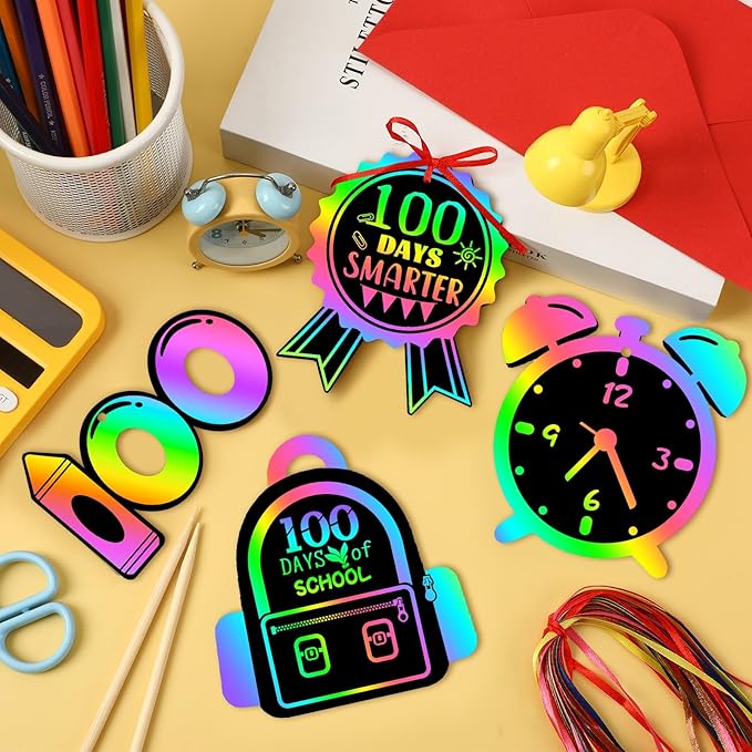 JULMELON 36 PCS 100 Days of School Scratch Art for Kids, Rainbow Magic Scratch Paper 100th Day of School Craft Kit for Kids 100th Day of School Gifts Classroom Activities Project Party Favors