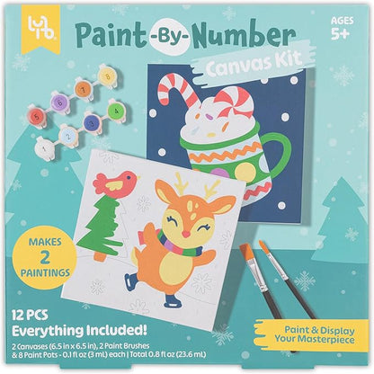 Reindeer Paint-by-Number Kit - Complete Art Set W/ 2 Canvases, 2 Brushes & 8 Paint Pots, Holiday-Themed, Kid & Adult Craft Kit
