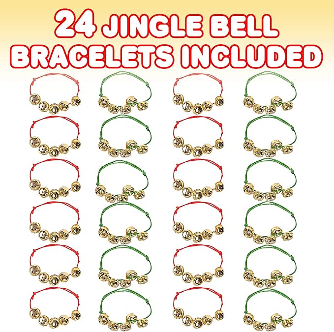 ArtCreativity 24 Pack Christmas Jingle Bell Bracelets, christmas party favors for adults, Easy to Adjust, Jingle Gold Bells, Christmas Stocking Stuffers for Kids and Adults, Red and Green