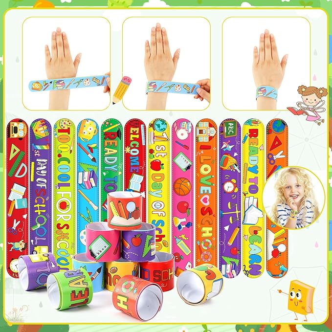 JUNEBRUSHS Back to School Slap Bracelets, 56 Pcs Welcome Back to School Gifts for Kids Students Party Favors Colorful Snap Bracelets Wristbands for First Day of School Party Supplies Decorations