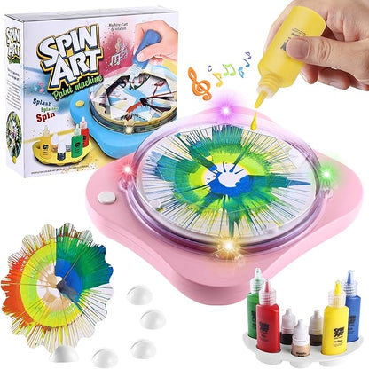 Paint Spin Art Machine Kit for Kids Stress Reducing Toys for Pink Arts and Crafts Set Gifts with Light & Music for Boys & Girls Ages 4 5 6 8 9 10 12 Flexible Splatter Guard,Easy to Wash