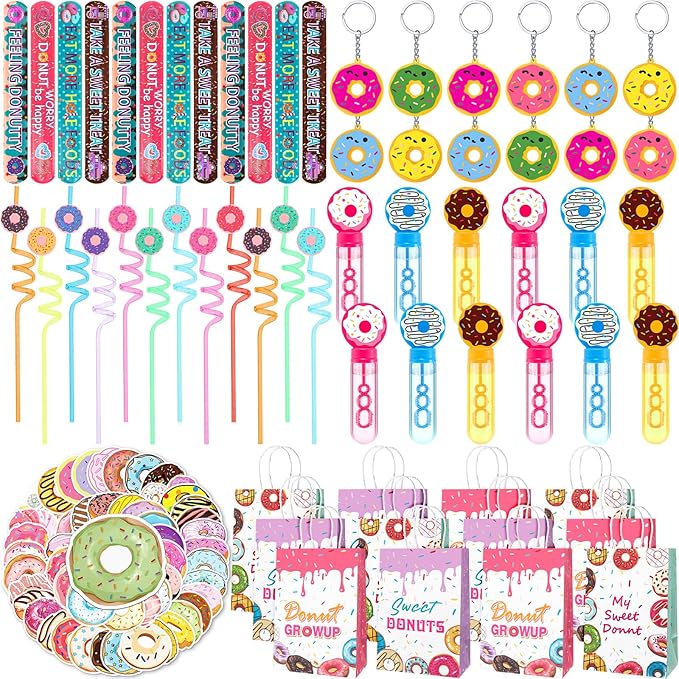 110 Pcs Donut Party Favors Include 12 Mini Donut Bubble Wands 12 Straws 12 Keychains 12 Donut Party Bags 12 Snap Bracelets 50 Stickers for Doughnut Birthday Party Gift Goodie Bag Fillers