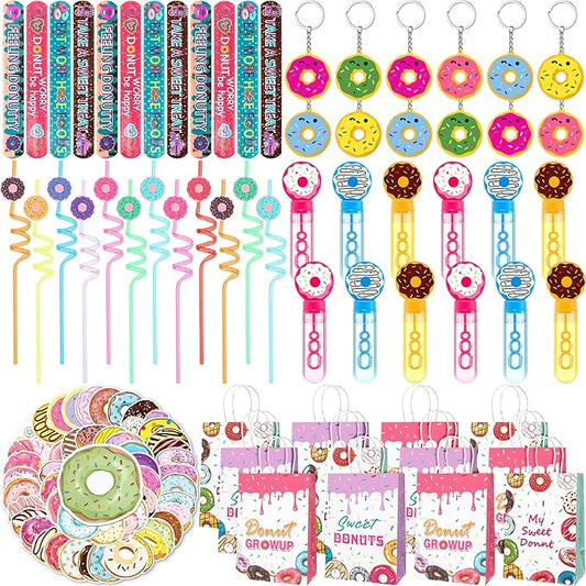 110 Pcs Donut Party Favors Include 12 Mini Donut Bubble Wands 12 Straws 12 Keychains 12 Donut Party Bags 12 Snap Bracelets 50 Stickers for Doughnut Birthday Party Gift Goodie Bag Fillers
