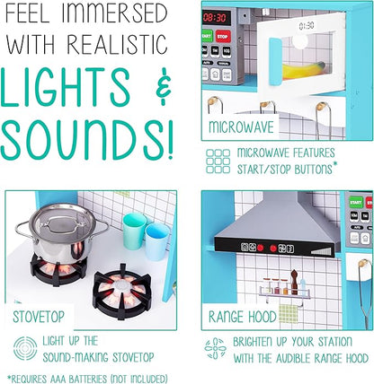 Lil' Jumbl Kids Wooden Blue Color Kitchen Set, Pretend Working Sink with Real Running Water, Includes Range Hood, Microwave & Stove Top That Make Realistic Sound & Light, Full Accessory Set Included