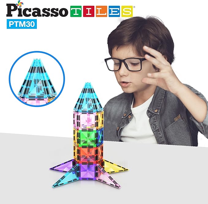 PicassoTiles Mini Size Magnetic Tiles Sensory Magnet Toys Diamond Series Construction Building Blocks Set STEM Learning Travel Size Educational Toy for Kids Boys Girls Toddlers Age 3+ PTM30