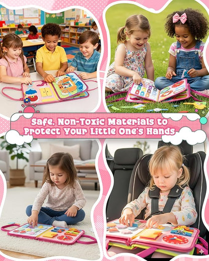 Busy Board for 1 Year Old, Busy Book for Toddlers 1-3, 2 Year Old Girl Toys, Montessori Toys for 1 Year Old, Educational Sensory Activities, Learning Fine Motor Skills Travel Toy for Toddler(Pink)