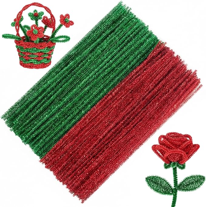 Caydo 200 Pieces Glitter Pipe Cleaners for Mother's Day Decorations, Sparkling Red and Green Chenille Stems Bulk for Flowers, Animals, Creative Art and Crafts Making