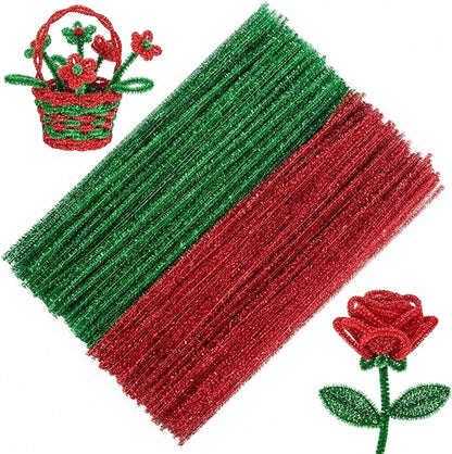 Caydo 200 Pieces Glitter Pipe Cleaners for Mother's Day Decorations, Sparkling Red and Green Chenille Stems Bulk for Flowers, Animals, Creative Art and Crafts Making
