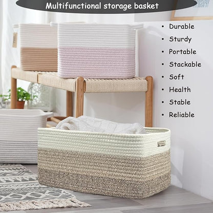 COMFY-HOMI Cotton Rope Woven Basket with Handles for Shelves,Toys,Book, Cloth Storage Baskets for Organizing-17" x 13" x 7.5" Toy Decorative Organizer for Living Room, Bathroom （white/3 brown）