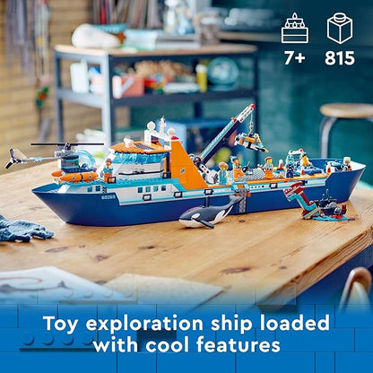 LEGO City Arctic Explorer Ship 60368 Building Toy Set, Fun Toy Gift for 7 Year Old Boys and Girls, with a Floatable Boat, Helicopter, Dinghy, ROV Sub, Viking Shipwreck, 7 Minifigures and an Orca