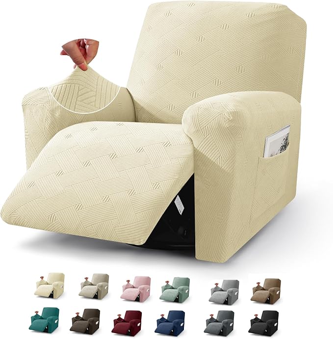 JIVINER Recliner Chair Covers, Jacquard 3 Piece Slipcovers for Recliner Chair Soft Stretch Lazy Boy 1 Seater Reclining Protector with Pockets (Recliner, Beige)