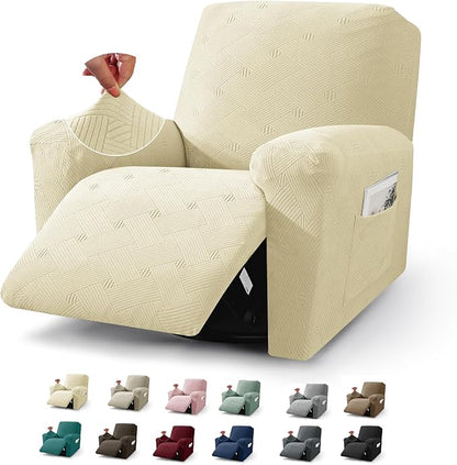 JIVINER Recliner Chair Covers, Jacquard 3 Piece Slipcovers for Recliner Chair Soft Stretch Lazy Boy 1 Seater Reclining Protector with Pockets (Recliner, Beige)
